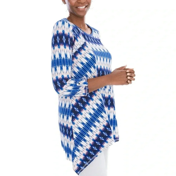 Chico's Zenergy Ikat Seam Detail Tunic Coastal Blue Top Women’s Small Shirt - Picture 1 of 11